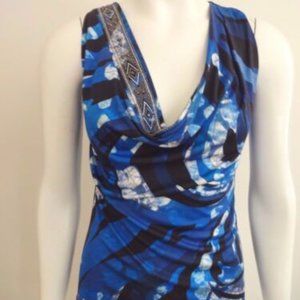 EMILIO PUCCI COBALT BLUE CRYSTALS STUDDED COLLAR NECK SILK SLEEVELESS TOP 40